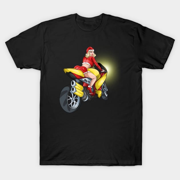 Retro Mrs Santa Motorcycle Babe Biker T-Shirt by Trendy Black Sheep